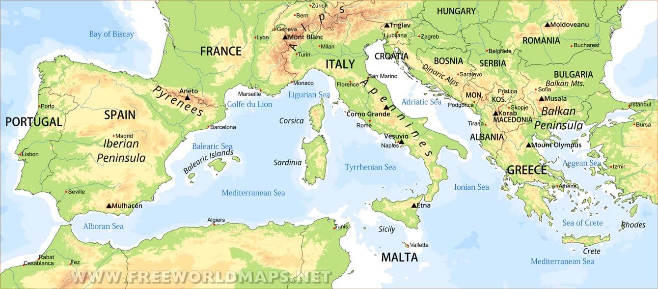 Southern Europe Map and contries to have a budget Holiday 