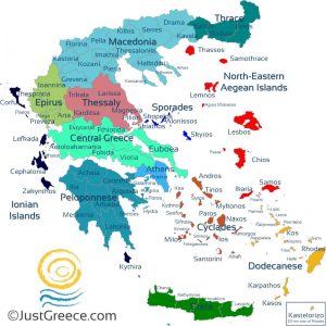Map of the Greek islands and the Groupings 